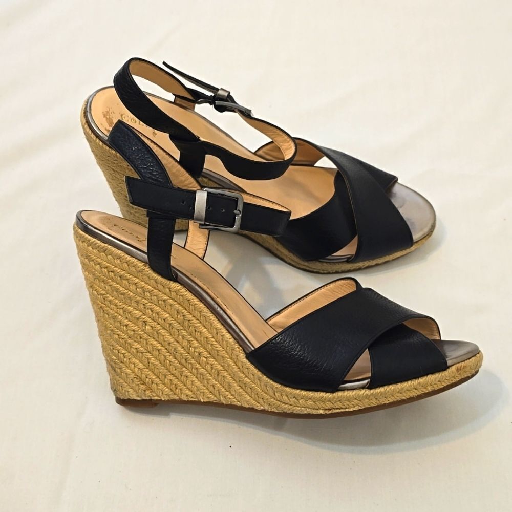 COLE HAAN ☆‎ Hart Criss Cross Wedge Espadrille Sandals  Black Leather Size 10B